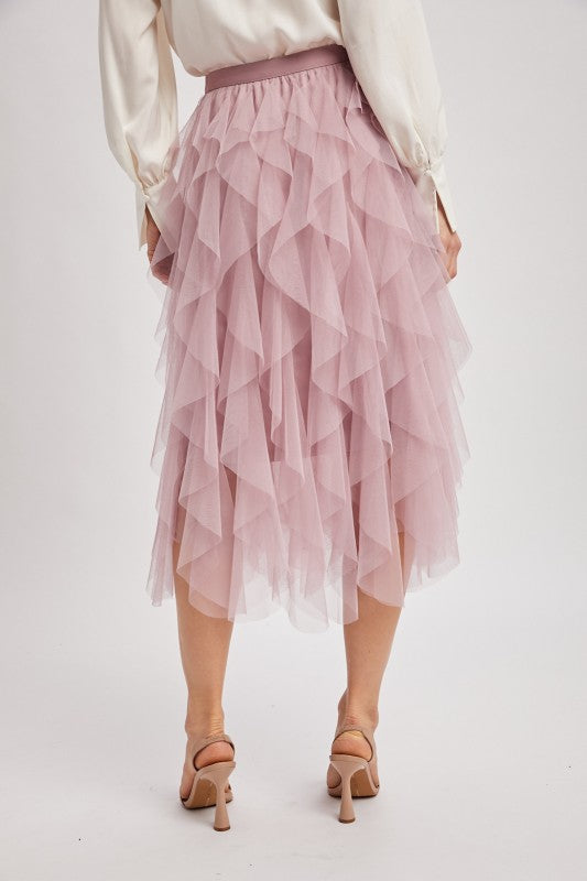 Spiral Ruffled Tulle Midi Skirt